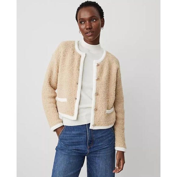 Ann Taylor Boucle Contrast Trim Sweater Jacket NEW - Picture 1 of 9
